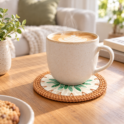 White and Green Leaf Rattan Trivet