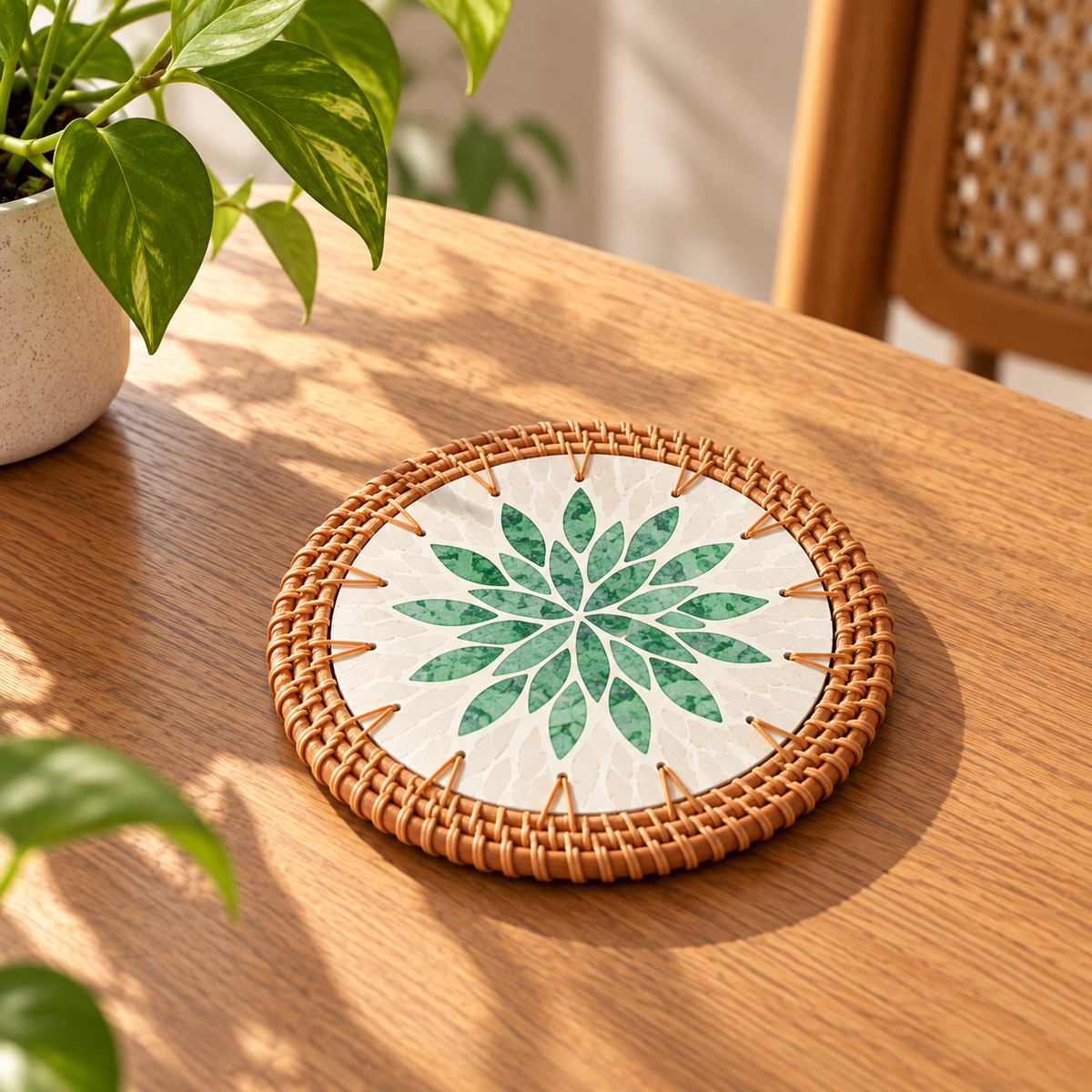 White and Green Leaf Rattan Trivet