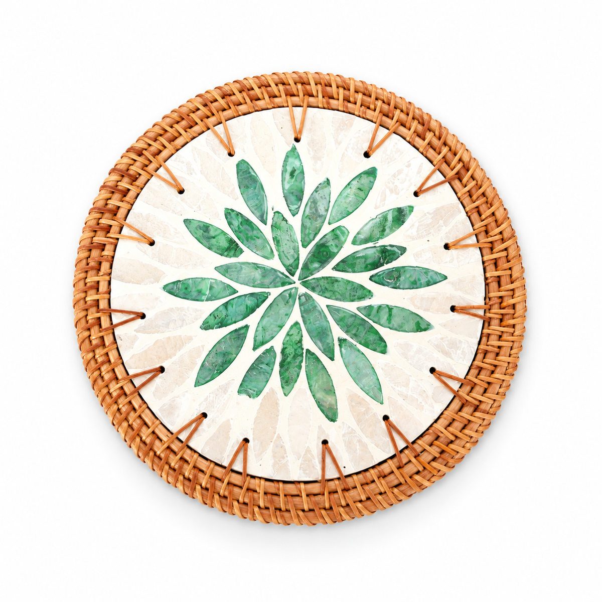 White and Green Leaf Rattan Trivet