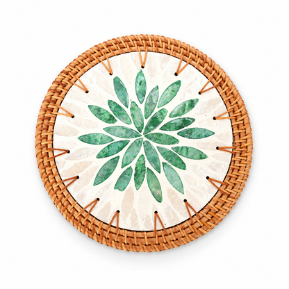 White and Green Leaf Rattan Trivet